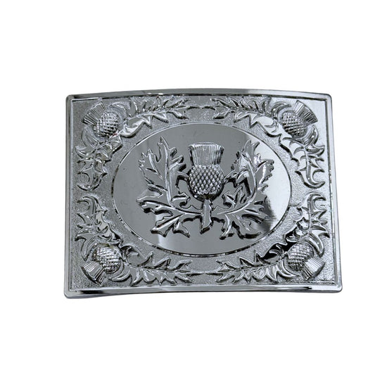 Thistle Bordered Oval Kilt Buckle - Thistle Emblem - Chrome Finish