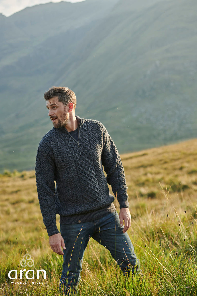 Men's Merino Wool Zip Neck Jumper by Aran Mills - 2 Colours