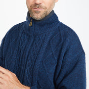 Mens Shetland Wool Zip Cardigan by Aran Mills - Dark Blue