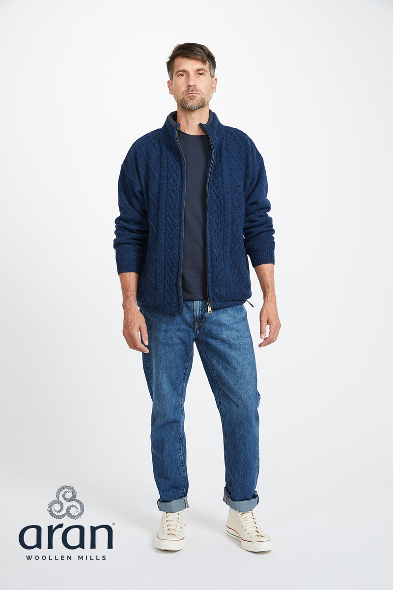 Mens Shetland Wool Zip Cardigan by Aran Mills - Dark Blue