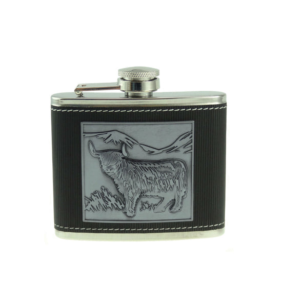 4oz Metal Plate Hip Flask - Embossed Highland Cow