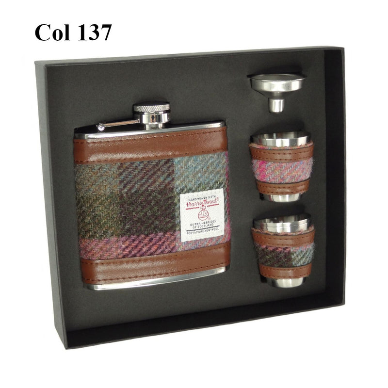 6oz Harris Tweed Hip Flask + Cups Gift Set