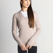 Isla Women's Scottish Made Cashmere V-Neck Cable Pattern Sweater - Beige