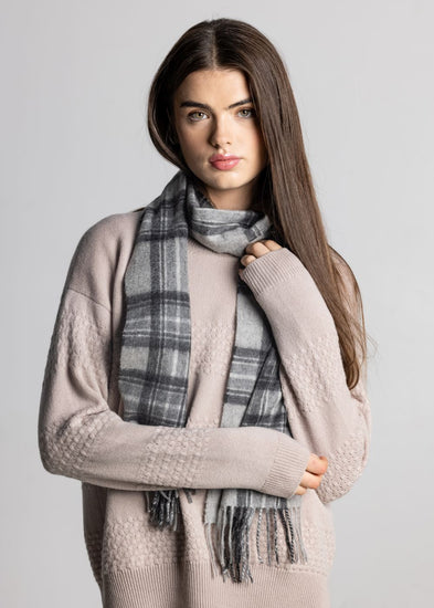 100% Cashmere Scarf - Grey Check