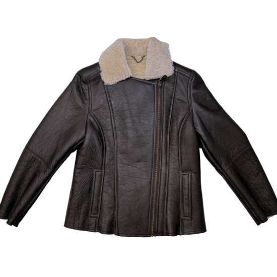 Ladies Aviator Leather Coat  - Celene - Distressed Dark Brown - CLEARANCE