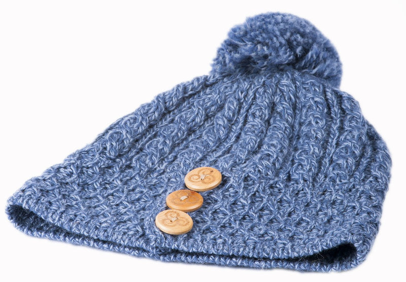 Women's Merino Wool Button Detail Hat with Bobble by Aran Mills