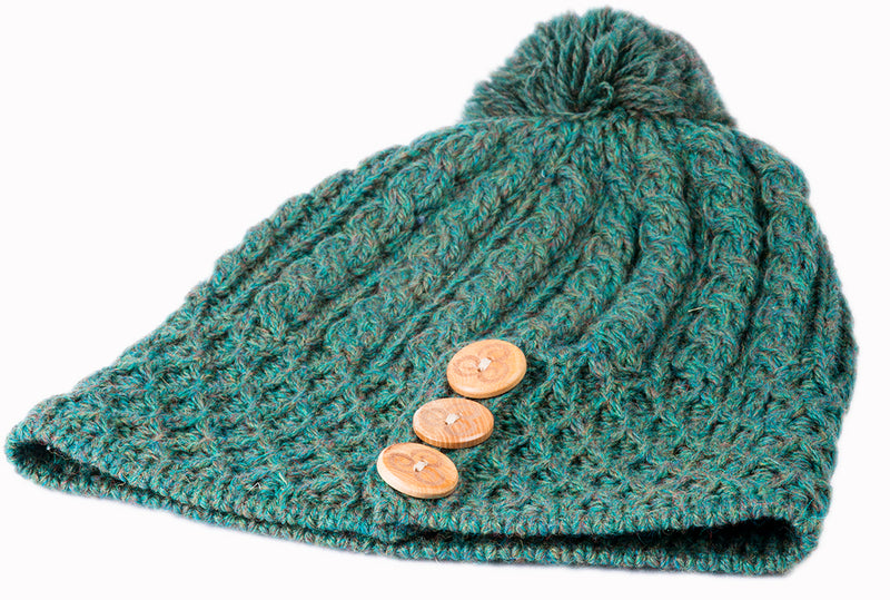 Women's Merino Wool Button Detail Hat with Bobble by Aran Mills